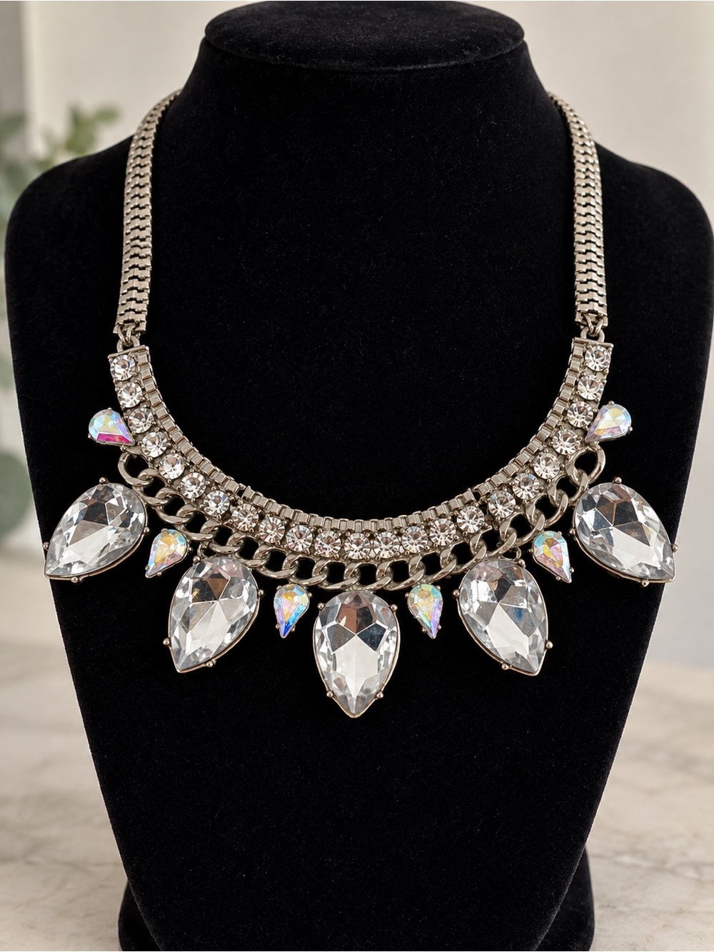 Silver Tone Crystal Rhinestone Statement Bib Necklace Adjustable